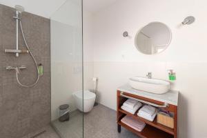 un bagno con lavandino, doccia e WC di Ražman Wine Rooms a Gračišče