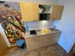 a small kitchen with a sink and a microwave at #Backbord# direkt an der Ostsee in Schönberg +10 photos