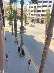 a group of people standing around palm trees on a street at El jadida in El Jadida