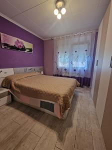 a bedroom with a bed and a purple wall at Apartamento Riells in L'Escala +3 photos