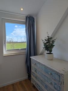 a bedroom with a window and a dresser with a plant on it at Emden - Ferienwohnung mit Kanal-Blick in Emden