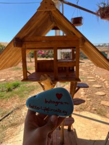 a person holding a bird house with a heart on it at Digital Detox with 100 Animals Nature Stay in Dasaki Achnas 