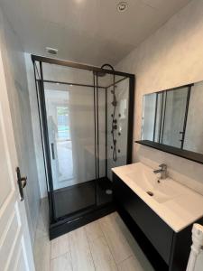 モンベリアルにあるMaison jardin barbecue parkingのガラスのシャワーと洗面台を備えたバスルーム