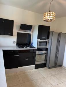 モンベリアルにあるMaison jardin barbecue parkingのキッチン(黒いキャビネット、ステンレス製の電化製品付)