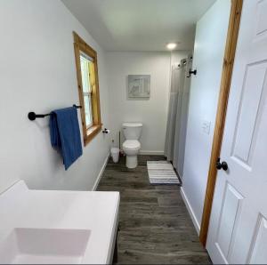 a white bathroom with a toilet and a sink at Cozy Cottage on Indian Lake with AC in Manistique +20 photos