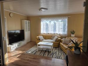 a living room with a couch and a tv at Linnamaja kuni 10-le inimesele in Karksi-Nuia