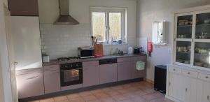 a kitchen with pink cabinets and a stove top oven at Guesthouse 10 in Schellinkhout