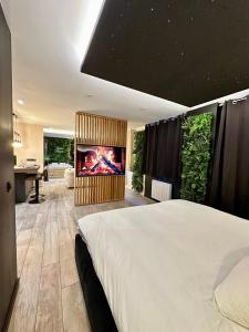 a bedroom with a large bed with a flat screen tv at La Suite Aimée - Espace relaxant avec balnéo in Angoulême