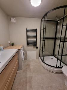 オーフスにあるBeachfront apartment in Åhusのシャワー、トイレ、洗面台を備えたバスルーム +5枚の写真