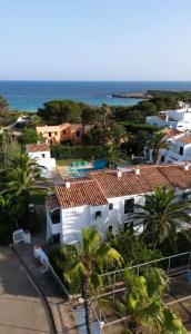 arial view of a house with palm trees and the ocean at Apartamento en la playa con piscina in Ciutadella +13 photos