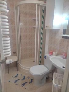 Un baño con inodoro, ducha y lavabo. en Apartament MONA przy morzu, na parterze,ul Żeromskiego,przy centrum, en Krynica Morska 8 fotos más