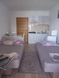 a room with two beds and a kitchen at Studio apartman Eden sea view in Njivice