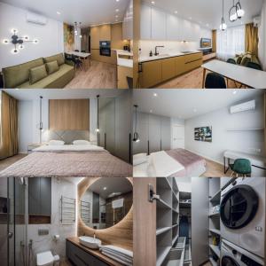 a collage of photos of a bedroom and a living room at Petrovdom Apartments 18-100 in RC Poetika, 25E Degtyarivska Street, Building 3, First Collection in Kyiv