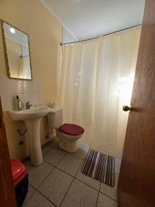 a bathroom with a sink and a toilet and a mirror at Cabaña Vicuña in Vicuña +38 photos