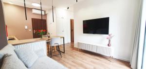 un salon avec un canapé et une table dans l'établissement Willa Matejki - Apartament 8a, à Przemyśl