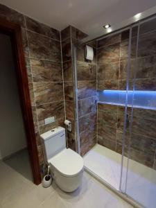 a bathroom with a toilet and a shower at Casa Zenn in Puerto del Rosario