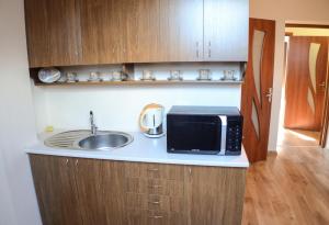 a kitchen with a sink and a microwave on a counter at City Hostel in Kolomyya