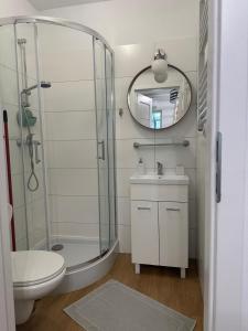 a bathroom with a shower and a toilet and a sink at Apartamenty Modrzewiowa Enklawa in Debina +42 photos