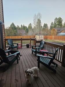 a dog standing on a deck with two benches at Tree House Pinetop Az in Pinetop-Lakeside +54 photos