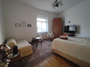 una camera con letto, TV e sedia di Rahat Apartment a Sarajevo
