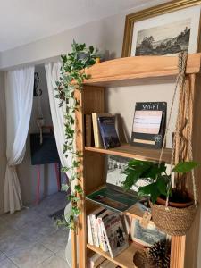 a book shelf filled with books and a plant at Côté Rive, au bord de la rivière La Moselotte et terrasse in Saulxures-sur-Moselotte