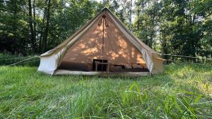 a tent sitting in the grass in a field at Glamping Stodoła Tent in Ściegny +13 photos