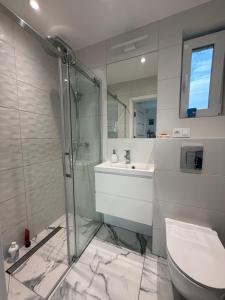 a bathroom with a shower and a toilet and a sink at Słoneczny domek  +48 photos