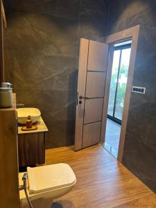 a bathroom with a toilet and a sink and a door at Skywood Villa Rooms in Lucknow