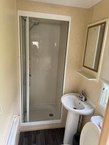 a bathroom with a shower and a sink at ABI Vista Caravan, Whitley Bay in Whitley Bay