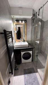 a bathroom with a sink and a shower at 3 cows in Les Contamines-Montjoie