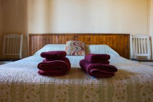 a bed with purple towels on top of it at Cabaña Finca La Micela - Tupungato in Tupungato