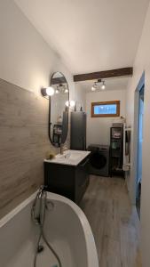 a bathroom with a tub and a sink and a mirror at Le Nid de Marguerite in Castelnaudary