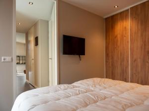 a bedroom with a bed and a tv on the wall at Luxury holiday home surrounded by water in Sint Nicolaasga
