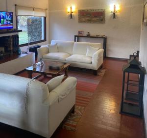 a living room with two white couches and a tv at Del Prado in San Carlos de Bariloche +14 photos