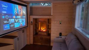 a living room with a flat screen tv and a fireplace at Couple’s retreat in Tiny Home w soaking tub/beach in Upper Lake
