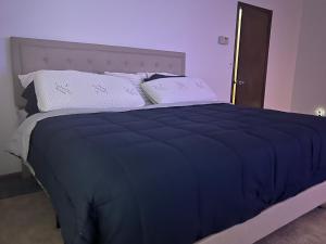 Mount OliveCozy Budd Lake Cul-de-Sac Home Lodge的卧室内的一张带白色枕头的蓝色床