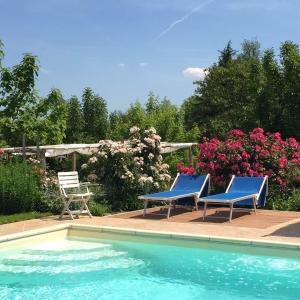 2 sillas azules sentadas junto a una piscina en TENUTA MONTEGRANDE 1893 en San Salvatore Monferrato