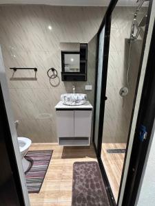 a bathroom with a sink and a shower and a toilet at 3-Bedroom family-ready flat in Namadi Heights in Suva
