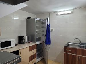Una pequeña cocina con fregadero y microondas. en La Flori, en Sovata