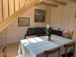 a living room with a table and a couch at Lake House Denderi in Rubene +38 photos