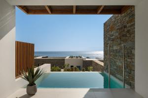 a house with a swimming pool and a view of the ocean at Vione Paros in Ambelas