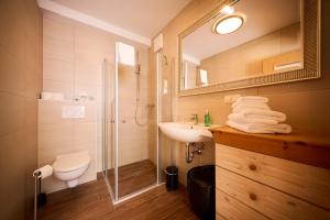a bathroom with a shower and a toilet and a sink at Landhaus Esperort in Ahrenshoop +75 photos