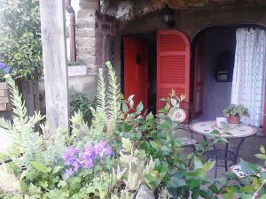 a garden with a red door and some plants at Casa Sulla Rupe in Calcata