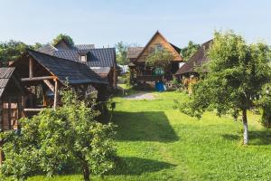a group of wooden houses in a green field at Casuta bunicilor Breb in Breb
