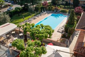an overhead view of a pool with chairs and trees at Hotel Gardenia Sirmione in Sirmione