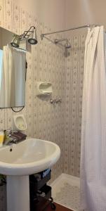 ein Badezimmer mit einem weißen Waschbecken und einer Dusche in der Unterkunft La casina del lago vicino al bosco in Ghiffa + 4 Fotos