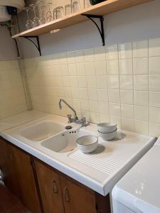 a kitchen sink with two bowls on it at Rural House near Sancerre 2 bedrooms in Feux