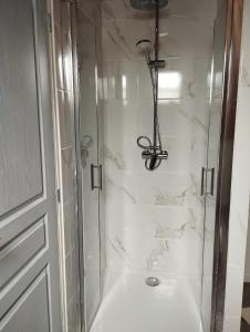 a bathroom with a shower with a glass door at Au Pans de Bois. Repos et Détente in Auxon