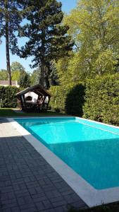 - une piscine bleue avec un kiosque dans la cour dans l'établissement Noémi Wellness Apartman, à Siófok