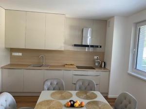 a kitchen with a table and chairs and a sink at RELAX apartmán Trenčianske Teplice in Martinske Hole